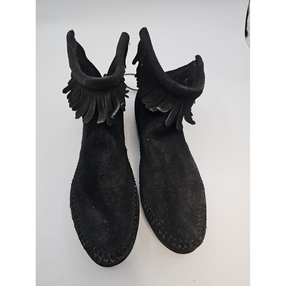 Minnetonka Black Suede Fringe Ankle Boots Womens 6.5 NWOB Western Boho